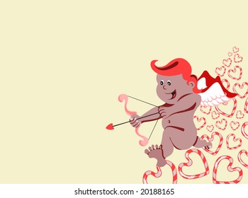 Vector illustration of angel on the violet background. Cupid with arch and arrow.