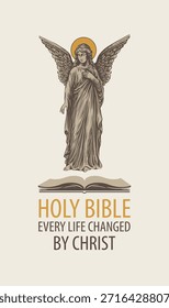 Ilustração vetorial de um anjo e livro aberto, e a inscrição "Bíblia Sagrada." Anjo guardião ou temas de morte e religião. Serviços funerários. Memorial, monumento, tatuagem, design de camiseta. Sem ai