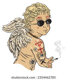 Vector illustration of angel with piercing and tattoo. Art in stripped style. Editable design for prints on t-shirts, posters and etc.