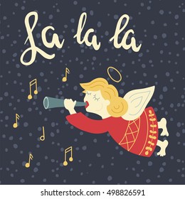 vector illustration of an angel playing on a trumpet and La la la hand lettering text