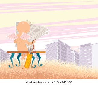 Vector illustration of an angel reading a newspaper