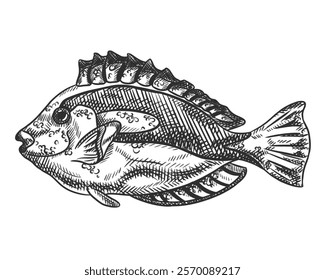 Vector illustration of angel sea fish. A tropical underwater animal. Tropical element of natural world. For postcards, prints. Hand drawn textured sketch in black and white on isolated background