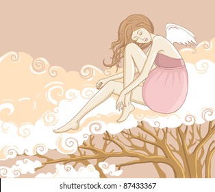Vector illustration of angel sitting on the clouds