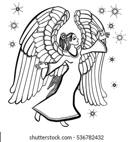 Vector illustration of angel with star black and white 