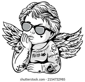 Vector illustration of angel with sunglasses and tattoo.