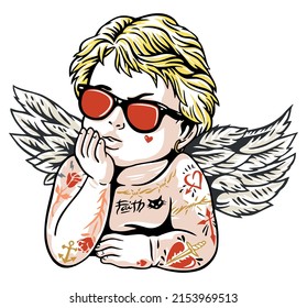 Vector Illustration Of Angel With Tattoo And Sunglasses.