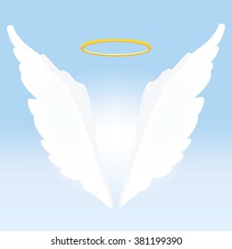 Vector illustration of angel wings and golden holy nimbus on light blue background