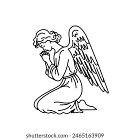 vector illustration of angel with wings isolated on white background. Kneeling angel line art vector illustration. 