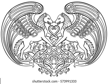 Vector illustration of angel wolves in love celtic ornament black and white