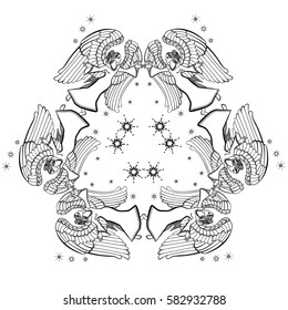 Vector illustration of angels with stars mandala black and white 