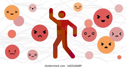 vector illustration of anger basic emotion or feeling expression with human silhouette and emoji faces