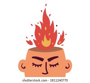 Vector illustration of anger, fury, annoyance. Burnout, stress, emotional problem abstract concept. Burning brain. Aflame mind. Angry man or woman. Human head and fire flame from above. Mental illness