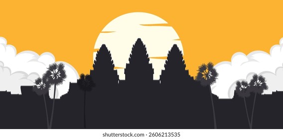 Vector illustration of Angkor Wat with a dramatic sunset background, featuring bold silhouettes and vibrant colors
