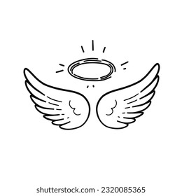 Vector illustration with angle wings and halo. Hand drawn angel wings vector art. 