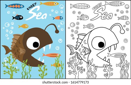 Vector illustration of angler fish cartoon hunting little fish, coloring book or page