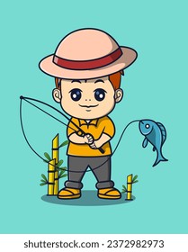 vector illustration of an angler in a hat catching fish with a fishing rod. plants around