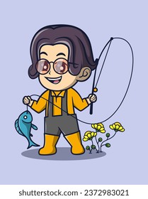 vector illustration of an angler wearing glasses catching a fish with a fishing rod. plants around