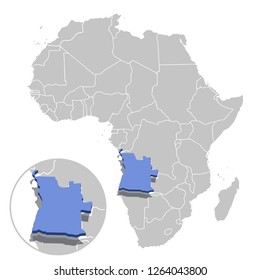Vector illustration of Angola in blue on the grey model of Africa map with zooming replica of country