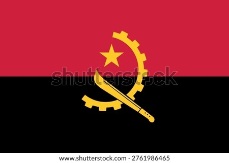 Vector illustration of the Angola national flag featuring two horizontal bands in red and black with a yellow emblem in the center consisting of a half gear, machete, and star. Clean, detailed, and scalable design isolated on a transparent or plain background. This powerful symbol represents Angola’s industrial heritage, agriculture, and national unity. The high-quality vector format ensures sharp details and versatility, making it suitable for both digital and print applications. Ideal for educational materials, international projects, patriotic themes, websites, banners, and promotional graphics.