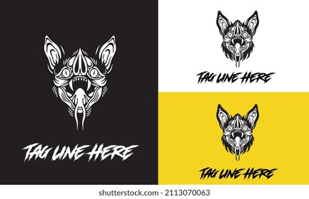 Vector illustration of angry bat with fangs in hand drawn line style black and white