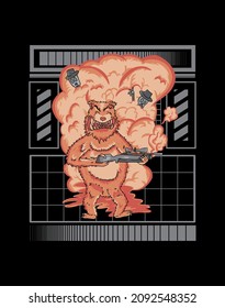 ilustración vectorial de un oso enfurecido, portando una pistola, con humo y calavera detrás, fondo geométrico, para camisetas, ropa y mercancía