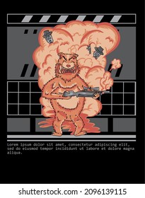 ilustración vectorial de oso enfurecido, portando una pistola, cráneo, diseño de camisetas animales, diseño de prendas de vestir y mercancías, fondo geométrico moderno