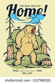 Vector illustration of angry bear on the deforestation jungle.
