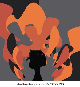 Vector illustration of angry black cat sitting in the bushes with abstract tropical leaves background. Contrast composition in ginger, orange and gray.