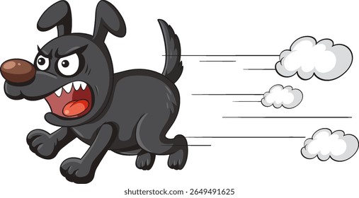 A vector illustration of an angry black dog running swiftly with motion lines and clouds