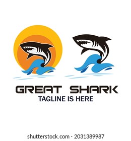 Vector illustration of angry black shark isolated on a sea background and in the middle of a silhouette. Perfect for printing on t-shirts, mugs, hats, logos, mascots or other advertising designs

