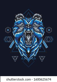 vector illustration angry blue bear in sacred geometry style