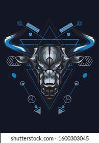 Vector illustration angry blue bull, buffalo, taurus zodiac symbol in geometric pattern