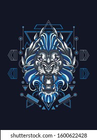 vector illustration angry blue lion, leo, leon with Sacred Geometry style
