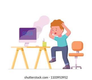 vector illustration angry boy because error computer. error because damaged computer. stress boy because bad computer