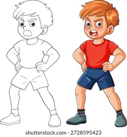 Ilustración vectorial de niño enojado, versiones de color y contorno, manos en las caderas, cara expresiva