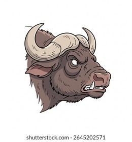 Vector illustration of an angry buffalo head in profile view. Featuring detailed horn texture, sharp expression, and fierce attitude. Ideal for mascot designs, sports team logos, tattoo artwork, etc
