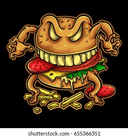 Vector illustration of angry burger mascot character design