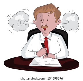 Vector illustration of an angry businessman doing paperwork.