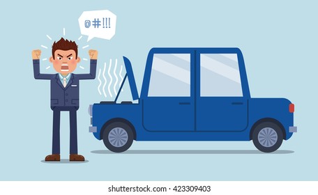 Vector illustration of an angry businessman standing in front of a broken car. Anger emotion. Flat style vector illustration