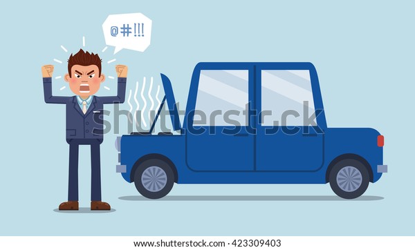 Vector\
illustration of an angry businessman standing in front of a broken\
car. Anger emotion. Flat style vector\
illustration