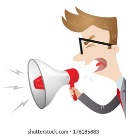 Vector illustration of an angry cartoon businessman with clenched fist screaming into a megaphone (close-up) (JPEG version also available in my gallery). 