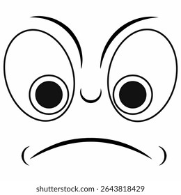 Vector illustration of an angry cartoon face with wide eyes, arched eyebrows, flared nose, and frowning mouth. Black outline style, isolated on white, ideal for emoji, icon, or clipart use.