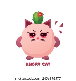 Vector illustration with an angry cat on a white background. Cactus on the head. Emotions.