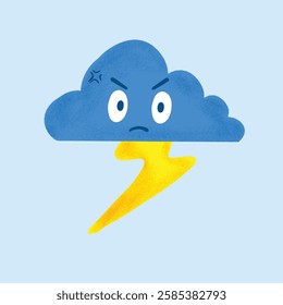 vector illustration of an angry cloud thunderbolt with a fierce facial expression.