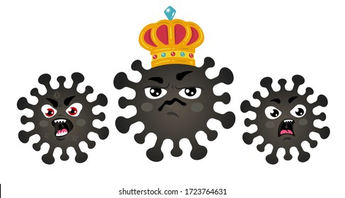 Vector illustration of angry coronaviruses with king. Angry viruses with their king in crown. Vector icons of coronavirus.