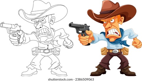 Vector illustration of an angry cowboy holding a gun, wearing a hat, and ready for action