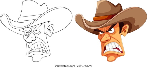 A vector illustration of an angry cowboy wearing a hat, with a doodle outline for coloring pages