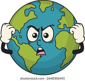 Vector illustration of an angry Earth character with expressive eyes and hands, using bold colors and cartoon style