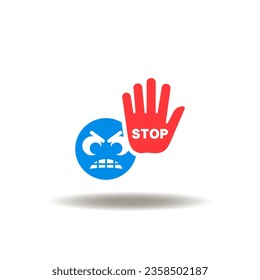Vector illustration of angry emoji face and hand gesture of stop. Icon of stop bullying. Symbol of no aggression, abuse, harassment, violence. Sign of complaint.