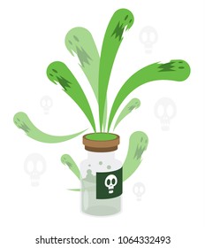 vector illustration angry evil green monster soul toxic out of glass beaker tube bottle green poison with warning sticker skull